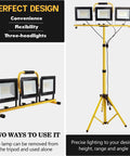 Ultra Bright 3 Head LED Work Light With Stand, 22000 Lumen Tripod Work Light For Outdoor And Indoor Job Sites, IP66 Waterproof, 6500K Daylight White