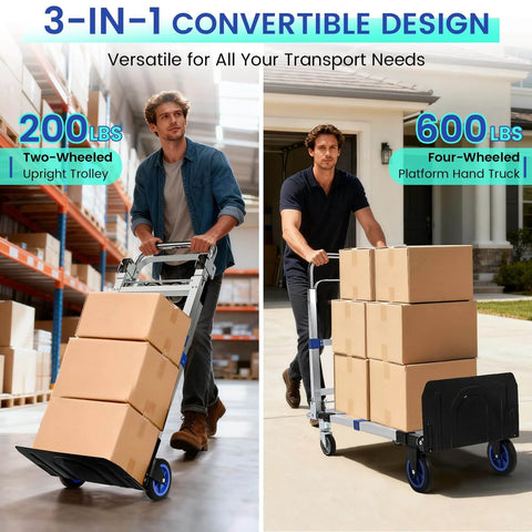 ✝️ Upgraded 3 in 1 Aluminum Folding Hand Truck, 200 lbs two-wheeled upright trolley and 600 lbs four-wheeled platform hand truck