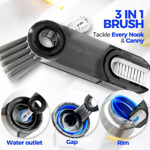 Six Pack Bottle Brush Set With 14 In Stainless Steel Handles featuring a 3-in-1 cleaner tool for water outlets, gaps, and rims