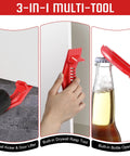 3-in-1 tool showing "✝️ 2 Pack Drywall Lift Tools, All Metal Sheetrock Lift with Built in Drywall Rasp & Bottle Opener" in use.