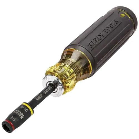 Three In One Flip Socket For Impact Drivers With One Quarter Inch Quick Connect And Five Sixteenth Inch Hex Drivers Deep And Shallow Positions SAE Socket And Bit Holder Rare Earth Magnet Three Inch Length Impact Rated shown with screwdriver handle