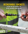 Hands holding Klein Tools 3-In-1 Flip Impact Socket Set with detachable sockets in a workshop setting.