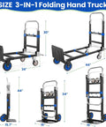 Various views of 3-in-1 Folding Hand Trucks, 600Lbs Convertible Hand Truck Dolly, Heavy Duty Convertible Dolly with Rubber Wheels and Handles.
