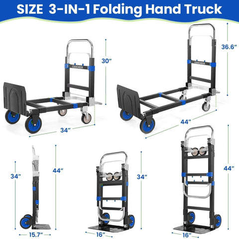Various views of 3-in-1 Folding Hand Trucks, 600Lbs Convertible Hand Truck Dolly, Heavy Duty Convertible Dolly with Rubber Wheels and Handles.