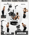 Multiple exercises demonstration using 3 In 1 Pulley Station For Home Gym With Lat Pulldown Overhead Movements, Low Row And AB Crunch.