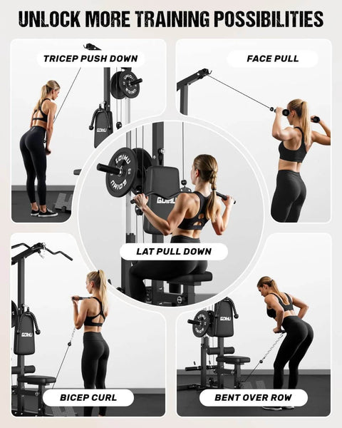 Multiple exercises demonstration using 3 In 1 Pulley Station For Home Gym With Lat Pulldown Overhead Movements, Low Row And AB Crunch.