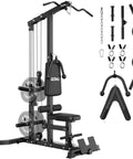3 In 1 Pulley Station For Home Gym With Lat Pulldown Overhead Movements, Low Row And AB Crunch, shown with attachments