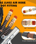 SAE J1402 air hose and DOT fitting details of Heavy Duty 12 Ft 3 In 1 Semi Truck Air Lines Kit with trailer cord and air brake hoses assembly.