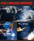 3 in 1 MIG TIG Stick Welder for Home DIY and Metal Repair showing Flux MIG, Lift TIG, and Stick welding techniques