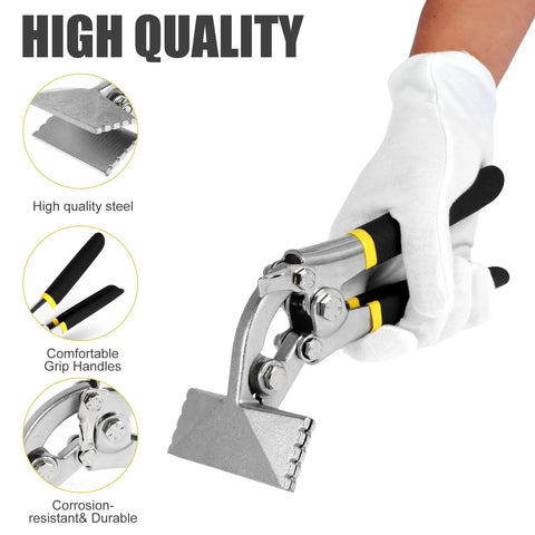 Sheet Metal Bender And Hand Seamer 3 Inch Alloy Steel Straight Jaw Tool in gloved hand, showing ergonomic grip and steel quality