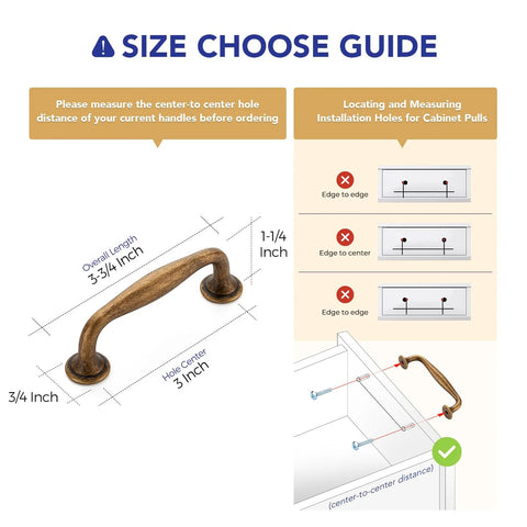 Size guide for 20 Pack 3 Inch Antique Brass Cabinet Pulls with diagrams for installation, showing a pull handle with dimensions.