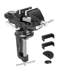 3 Inch Bench Vise Heavy Duty Clamp On With Anvil And 360 Degree Swivel Base, black metal construction, portable vise for workbench use