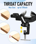 3 Inch Bench Vise Heavy Duty Clamp On With Anvil And 360 Degree Swivel Base, showing 1.95-inch throat capacity and wood thicknesses.