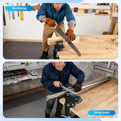 Person using 3 Inch Bench Vise Heavy Duty Clamp On With Anvil And 360 Degree Swivel Base for woodworking and conduit cutting.