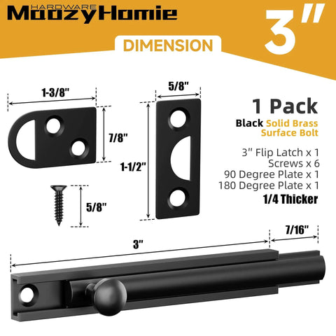 3 Inch Solid Brass Surface Bolt Beefy Built Heavy Duty Concealed Sliding Door Bolt Latch dimensions and components.