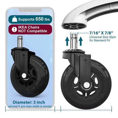Caster wheel for ✝️ 1-Pack Utility Cart 650 lb Load Capacity, 3 inch diameter, standard stem size, not compatible with IKEA chairs.