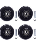 4 pack of 3 inch heavy duty PU board caster wheels for carts, shown with three-eighth inch axles and O-rings for platform trucks.