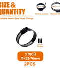 2 Pcs 3 Inch Stainless Steel Adjustable Worm Gear Hose Clamps 52-76mm Range Corrosion Resistant Fuel Line Clamp, black