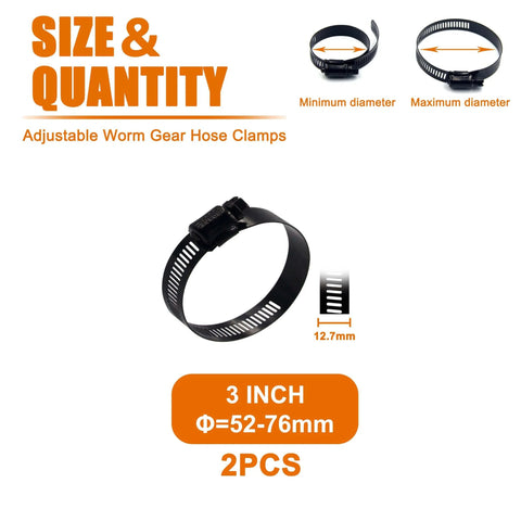 2 Pcs 3 Inch Stainless Steel Adjustable Worm Gear Hose Clamps 52-76mm Range Corrosion Resistant Fuel Line Clamp, black