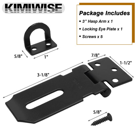 Black 3 Inch Stainless Steel Heavy Duty Door Hasp Latch With Screws For Personal Privacy And Security Protection, Rust Resistant 304 Stainless Steel Padlock Latch Designed For Outdoor Use And Long Lasting Durability, with dimensions and parts included.