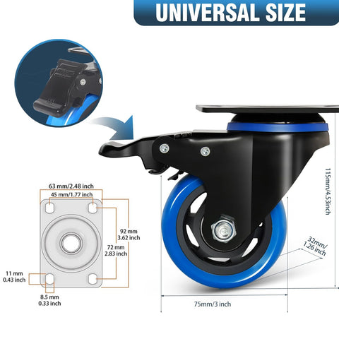 3 Inch Caster Wheels Set Of 4 Heavy Duty With Brake And Dual Locking Casters, Side View with Measurements