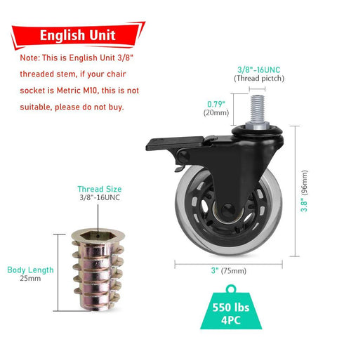 Diagram of Threaded Stem Casters Three Eighths Inch 16UNC With Brake, Heavy Duty Three Inch Swivel Caster, Set Of 4 with measurements.