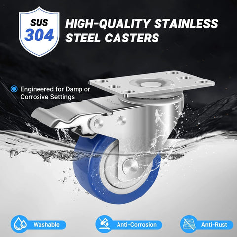 Stainless steel 3 inch caster wheels with brakes, 304 rust proof heavy duty swivel casters designed for industrial use in a 4 pack, close-up view.