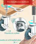 Three Inch Caster Wheels Set Of Four With Threaded Stem Three Eighth Inch By Sixteen UNC By One Point Five Inch Heavy Duty Bolt Castors for Metal Wire Shelves showing installation methods
