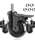 Five Pack 3 Inch Caster Wheels With Safety Dual Locking Brakes Heavy Duty Rubber Castors On 360 Degree Swivel Threaded Stem Mount Three Eighths Inch 16 UNC Suitable For Hardwood Carpet And Tile Floor Protection, includes nuts