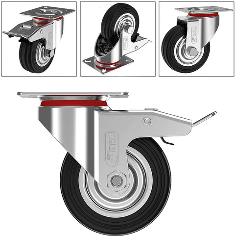 3 Inch Heavy Duty Caster Wheels With Two Brakes And Screws Set Of 4 Silent Rubber Castors, silver design, close-up view