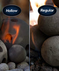 3 Inch Ceramic Fire Balls 20-Pack Modern Accessory for Indoor and Outdoor Fire Pits or Fireplaces – Brushed Concrete Look | Midnight Black, showcasing hollow and regular options with flames.