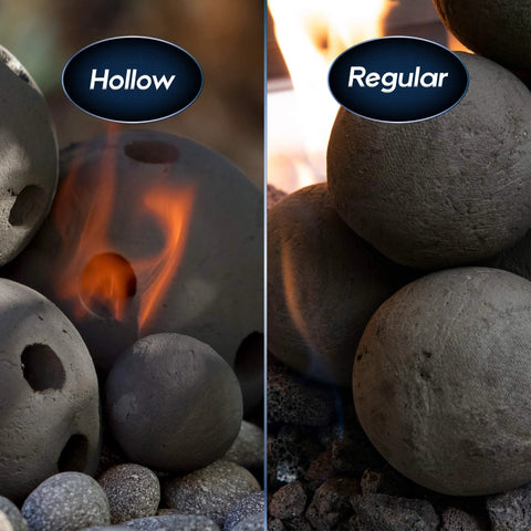 3 Inch Ceramic Fire Balls 20-Pack Modern Accessory for Indoor and Outdoor Fire Pits or Fireplaces – Brushed Concrete Look | Midnight Black, showcasing hollow and regular options with flames.