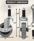 3 Inch Expanding Stem Caster Wheels Set Of Four With Side Brake For Utility Carts Shopping Carts And Furniture Legs Heavy Duty Replacement Wheels Fits Three Quarter Inch And Seven Eighth Inch Round Tube Diameters Includes Wrench Nuts Washers And Rubber, product dimensions illustration.