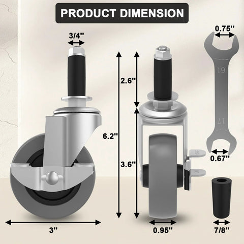 3 Inch Expanding Stem Caster Wheels Set Of Four With Side Brake For Utility Carts Shopping Carts And Furniture Legs Heavy Duty Replacement Wheels Fits Three Quarter Inch And Seven Eighth Inch Round Tube Diameters Includes Wrench Nuts Washers And Rubber, product dimensions illustration.