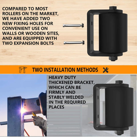 3 Inch Sliding Gate Guide Rollers 2 Pack with C Post Welded Bracket infographic showing installation methods