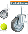 Rubber Swivel Caster With Side Brakes, 3 Inch Wheel, Threaded Stem 3/8 Inch Diameter, Locking Stem, High Load Capacity in grey
