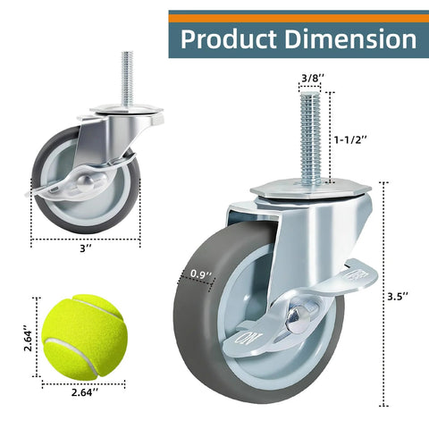 Rubber Swivel Caster With Side Brakes, 3 Inch Wheel, Threaded Stem 3/8 Inch Diameter, Locking Stem, High Load Capacity in grey