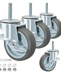 Rubber Swivel Caster With Side Brakes, 3 Inch Wheel, Threaded Stem 3/8 Inch Diameter, Set of 4 for furniture and carts in grey.
