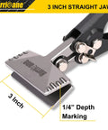 Close-up of 3 Inch Sheet Metal Hand Seamer with ergonomic straight flat smooth jaw, featuring 1/4 inch depth marking for HVAC projects.