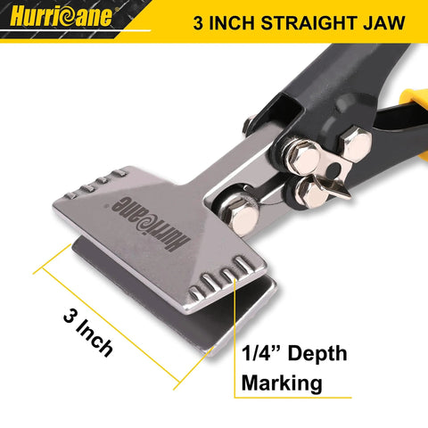 Close-up of 3 Inch Sheet Metal Hand Seamer with ergonomic straight flat smooth jaw, featuring 1/4 inch depth marking for HVAC projects.