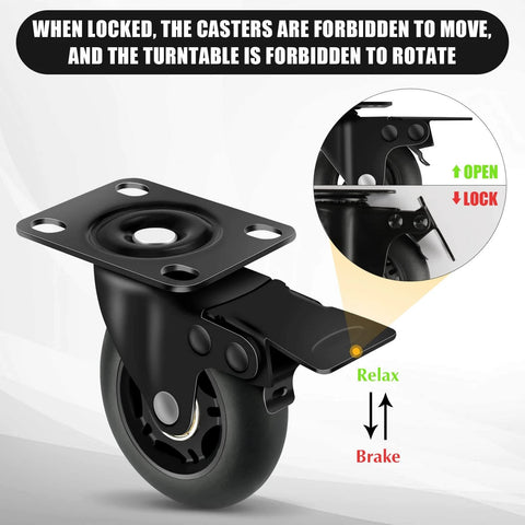3" Casters Set of 4 - Heavy Duty Quiet Casters, Max Load 2000 lbs, Soft Wheels for Carts, Glide Smoothly and Protect Floors, Locking Furniture Casters