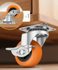 3 Inch Heavy Duty Caster Wheels Set of 16 with Brake, swivel top plate, polyurethane wheel attached to furniture, close-up view.
