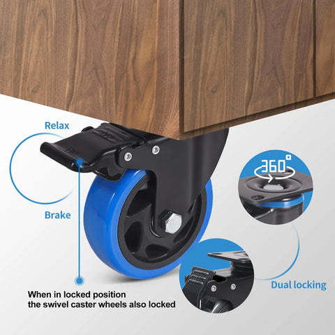 Side view of 3 Inch Caster Wheels Set Of 4 Heavy Duty With Brake And Dual Locking Casters, Quiet Polyurethane Foam Wheels