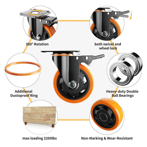 3 Inch Heavy Duty Caster Wheels Set of 4 with locking industrial swivel top plate design featuring non marking polyurethane wheels and double ball bearings.
