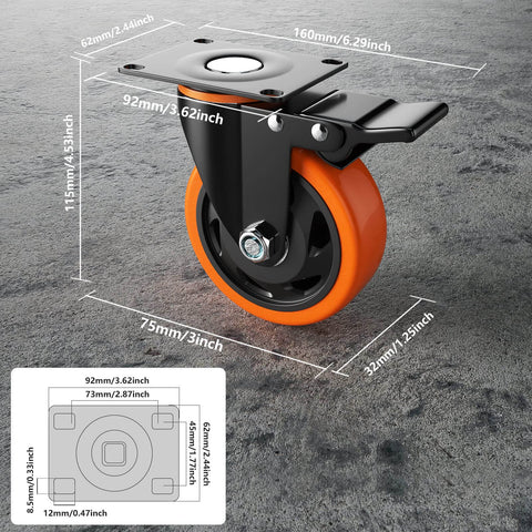 3 Inch Heavy Duty Caster Wheels Set of 4 with locking industrial swivel top plate design featuring non marking polyurethane wheels double ball bearings and 1000 lbs total load capacity with two hardware kits for furniture carts and workbenches close-up view on concrete floor.