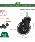 Image showing dimensions and specifications of 3 Inch Heavy Duty Caster Wheels Set Of Four With M10 25mm Threaded Stem For Furniture And Equipment.