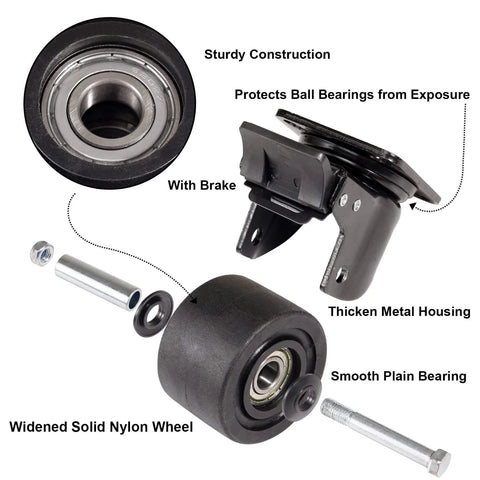 3 Inch Plate Swivel Caster Wheels Heavy Duty Set of 4 with low gravity center design and black nylon wheels with brake mechanism.