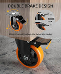 3 Inch Heavy Duty Caster Wheels Set of 4 with locking industrial swivel top plate design featuring non marking polyurethane wheels double ball bearings and 1000 lbs total load capacity with two hardware kits for furniture carts and workbenches close-up of brake design