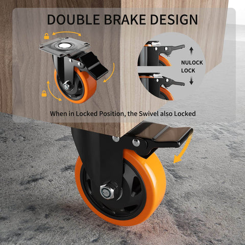 3 Inch Heavy Duty Caster Wheels Set of 4 with locking industrial swivel top plate design featuring non marking polyurethane wheels double ball bearings and 1000 lbs total load capacity with two hardware kits for furniture carts and workbenches close-up of brake design