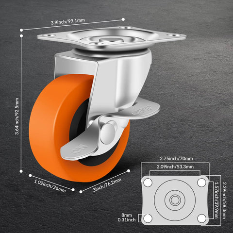 Caster Wheels, 3 Inch Heavy Duty Casters Set of 4 - Locking Swivel Plate Polyurethane Wheels with Brake for Furniture, Carts, and Workbench dimensions